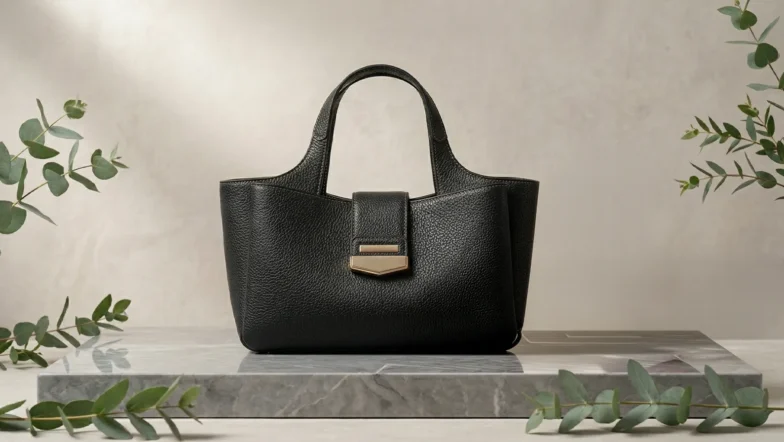 Mermer kaide üzerinde sergilenen, altın tokalı, siyah dokulu poliüretan suni deri kısa saplı minimalist kadın çantası.