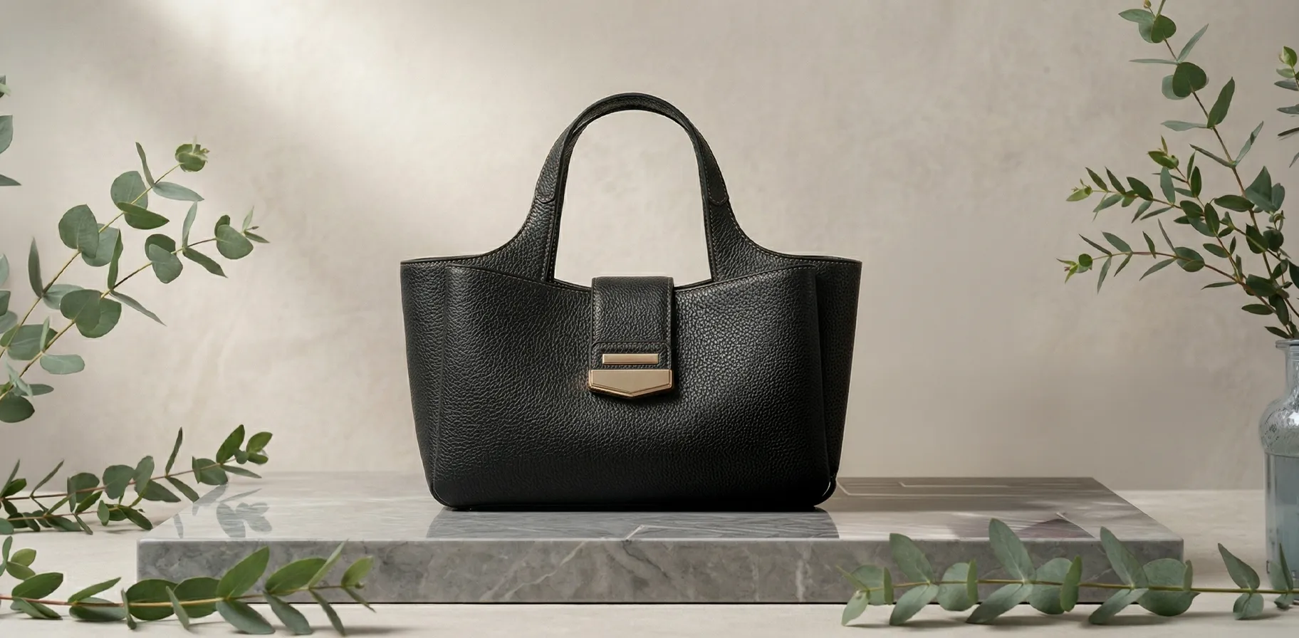 Mermer kaide üzerinde sergilenen, altın tokalı, siyah dokulu poliüretan suni deri kısa saplı minimalist kadın çantası.