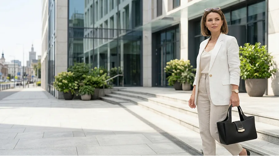 2026 yaz sezonu için beyaz keten ceket ve siyah kısa saplı deri çanta ile kombinlenmiş modern iş kadını stili.