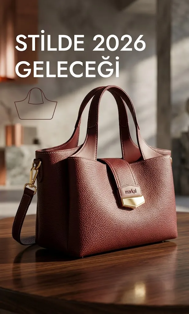 Modern ahşap masa üzerinde duran, "markal" logolu bordo dokulu deri el çantası ve arka planda "Stilde 2026 Geleceği" yazısı.